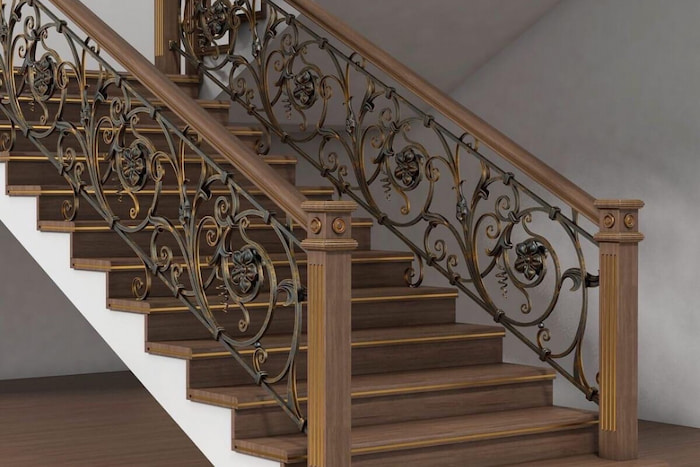 Cầu thang sắt với tay cầm gỗ được thiết kế hiện đại