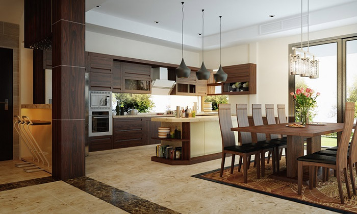 Khu vực bếp nấu và phòng ăn của gia đình được thiết kế rộng rãi thoải mái