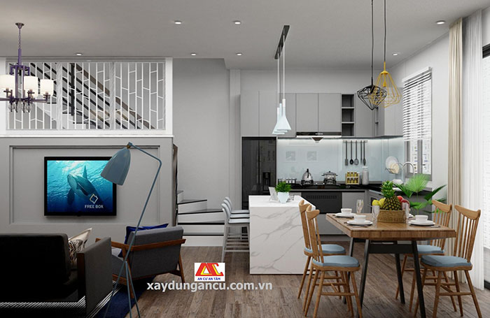 Thiết kế phòng bếp tích hợp với không gian phòng khách tạo nên sự tiện lợi nhưng cũng rất sang trọng và hiện đại