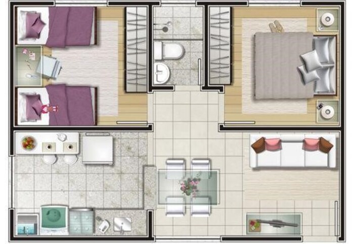 Mẫu nhà 1 tầng 2 phòng ngủ cho gia đình 3 - 4 thành viên
