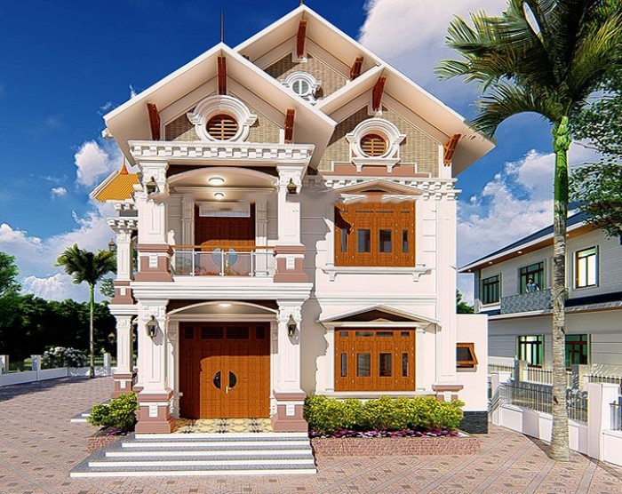 Thiết kế nhà 2 tầng mái Thái có bậc tam cấp giúp ngôi nhà cao và trang trọng hơn