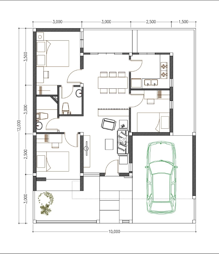 Bản vẽ thiết kế nhà cấp 4 10x20m có 3 phòng ngủ hiện đại cho gia đình 4 người.