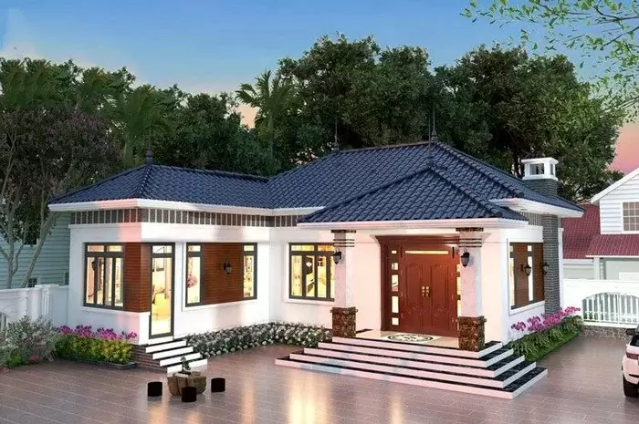 Thiết kế chữ L thông thoáng, có sân bên hông, thuận tiện phân chia không gian sinh hoạt