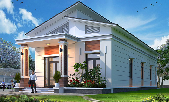 Mái lệch phá cách, thoát nước tốt, tạo điểm nhấn độc đáo cho mặt tiền nhà
