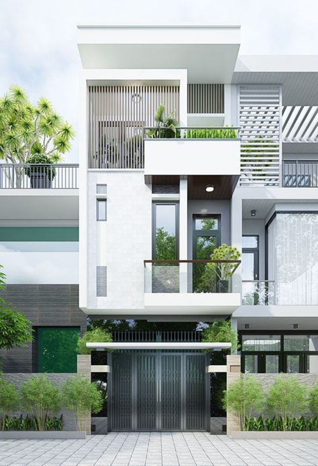 Thiết kế nhà phố 3 tầng mái bằng có trồng nhiều cây xanh.