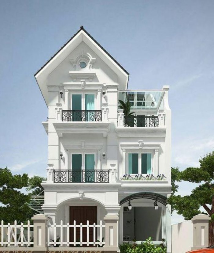 Thiết kế nhà phố sử dụng ngoại thất trắng và rèm cửa màu xanh lá pastel nịnh mắt.