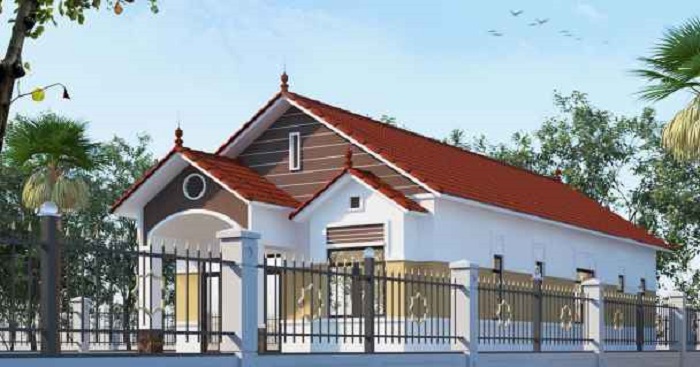 Thiết kế nhà với mái thái đỏ hiện đại khi nhìn từ bên hông
