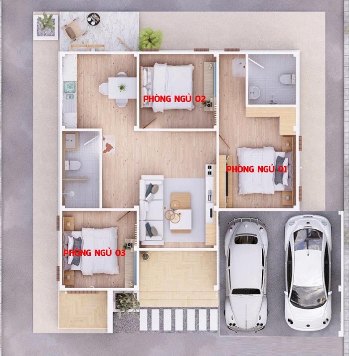 Nội thất mẫu nhà 1 tầng đẹp với 3 phòng ngủ cực hiện đại
