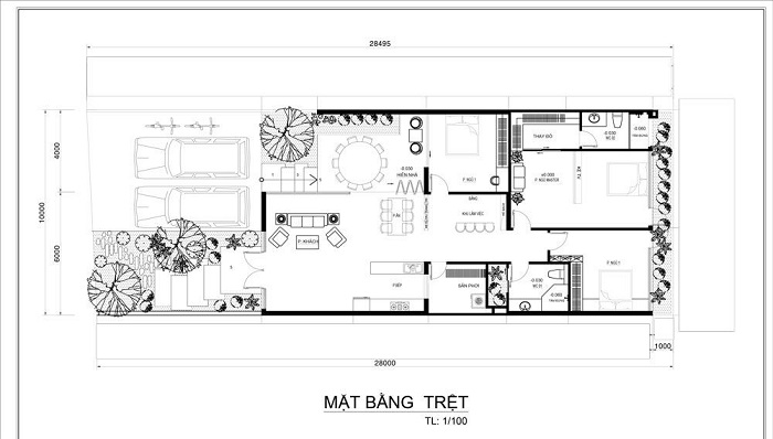 Bản vẽ thiết kế mẫu nhà đẹp 1 tầng với 3 phòng ngủ
