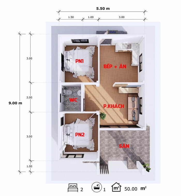 Bản vẽ kiến trúc mẫu nhà 1 tầng 2 phòng ngủ