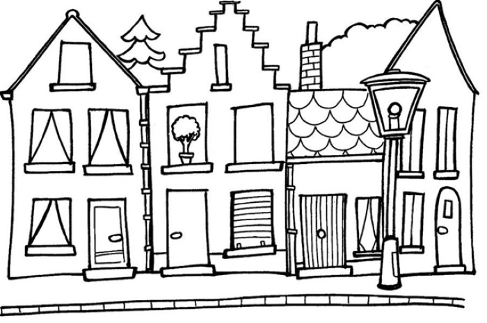 Hình ảnh vẽ dãy nhà san sát nhau ở thành phố.