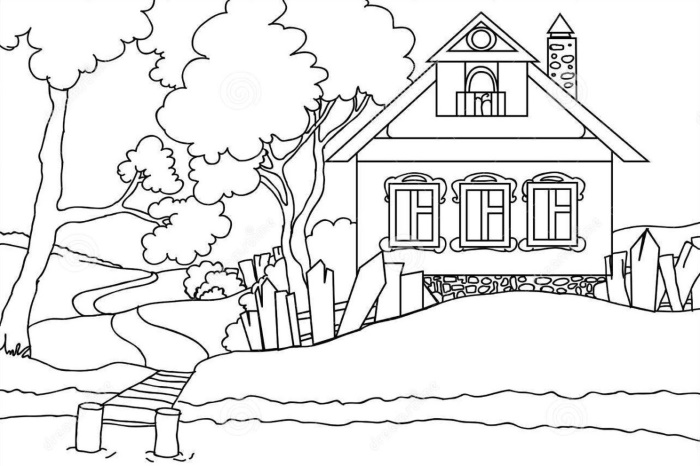 Cách vẽ nhà đẹp bên dòng suối xanh mát.