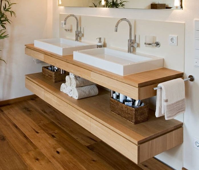 Thiết kế lavabo bồn rửa mặt kết hợp gỗ thể hiện sự thanh lịch và hiện đại trong thiết kế.