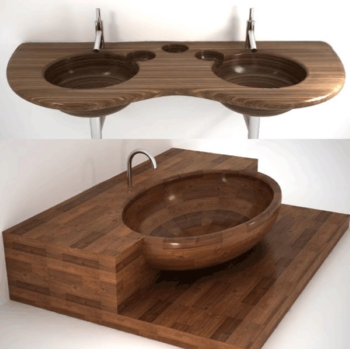 Mẫu lavabo rửa mặt bằng gỗ sáng bóng hiện đại.