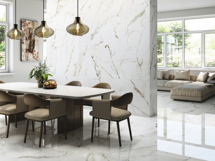 Kiểu gạch giả đá trắng tinh phù hợp với phòng ăn thiết kế tối giản và ít cầu kỳ.