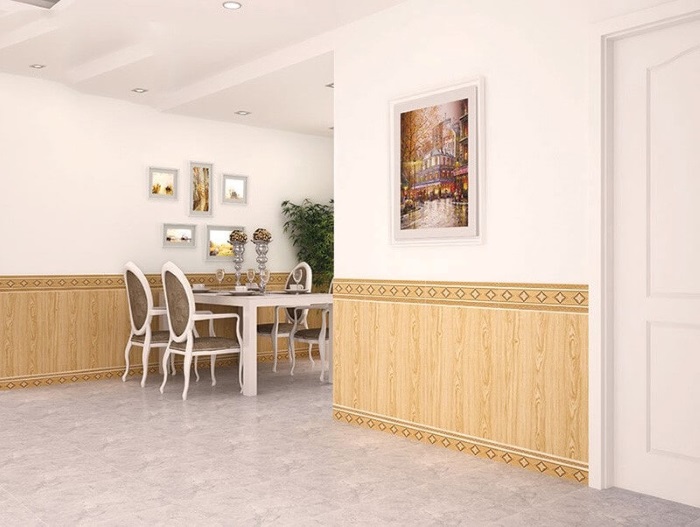 Gạch ốp tường phòng ăn giả gỗ thường được ưu ái phối với đồ nội thất cùng tông màu để tổng thể không gian hài hòa hơn.