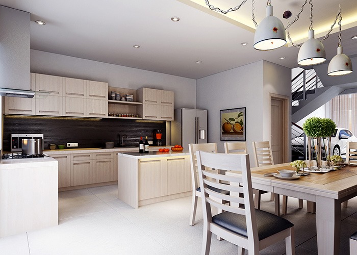 Phòng ăn kết hợp kiến ​​trúc mở và ngăn cách nhà bếp với phòng ăn, đảm bảo sự thoải mái cho gia đình.