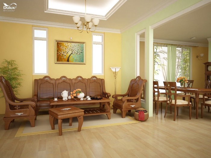 Trang trí nội thất gỗ tự nhiên phòng bếp cùng với gam màu vàng mang lại không khí xưa cũ.