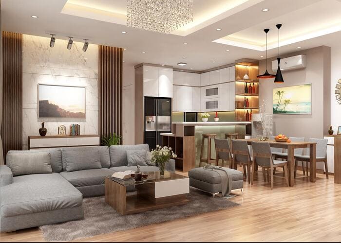 Thiết kế phòng khách nối liền với phòng bếp và khu vực ăn