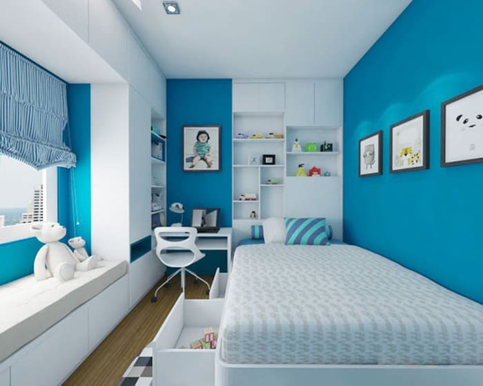 Phòng ngủ có màu xanh nhạt phù hợp cho bé