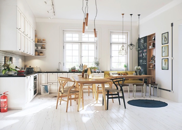 Phong cách Scandinavian được thể hiện rõ rệt trong mẫu phòng ăn này, với gam màu trắng làm tông chủ đạo cùng với đồ nội thất làm từ gỗ tự nhiên.