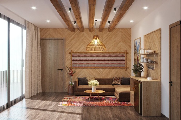 Thiết kế mẫu ốp gỗ phòng khách cho nhà ống phong cách hiện đại.