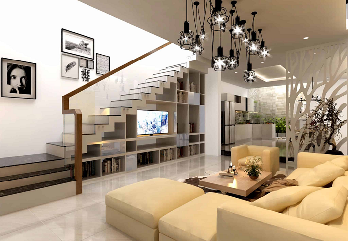 Cầu thang dọc tối ưu diện tích, phù hợp với nhà ống nhỏ và thiết kế hiện đại, gọn gàng