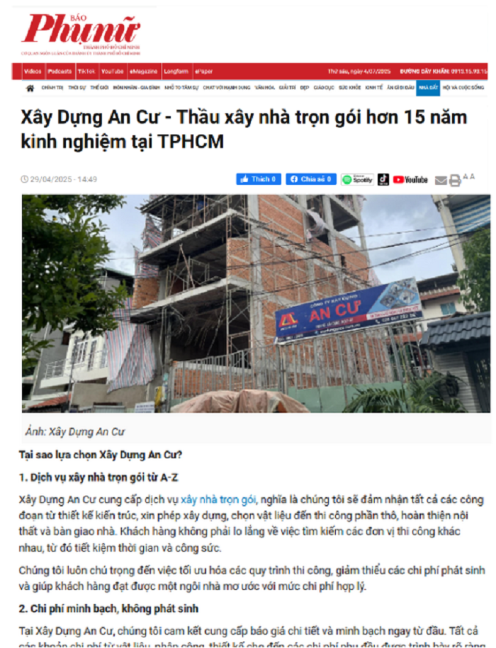 Đánh giá đến từ báo Phụ Nữ Online về Xây Dựng An Cư