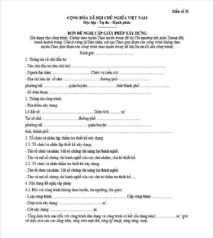 Mẫu đơn xin giấy phép xây dựng