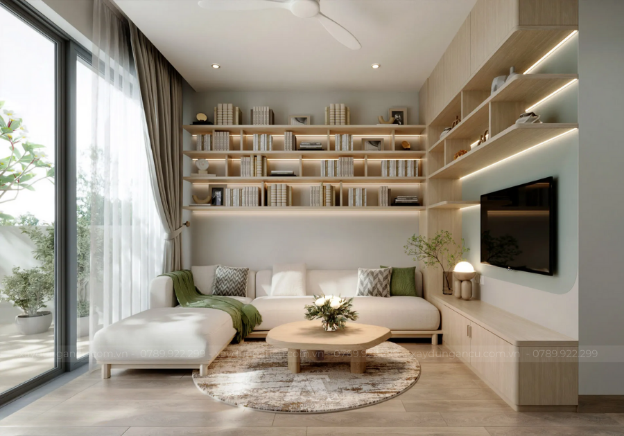 Phòng khách được thiết kế hiện đại, ấm áp với nội thất gỗ sáng, tận dụng ánh sáng tự nhiên, bố cục gọn gàng và sang trọng