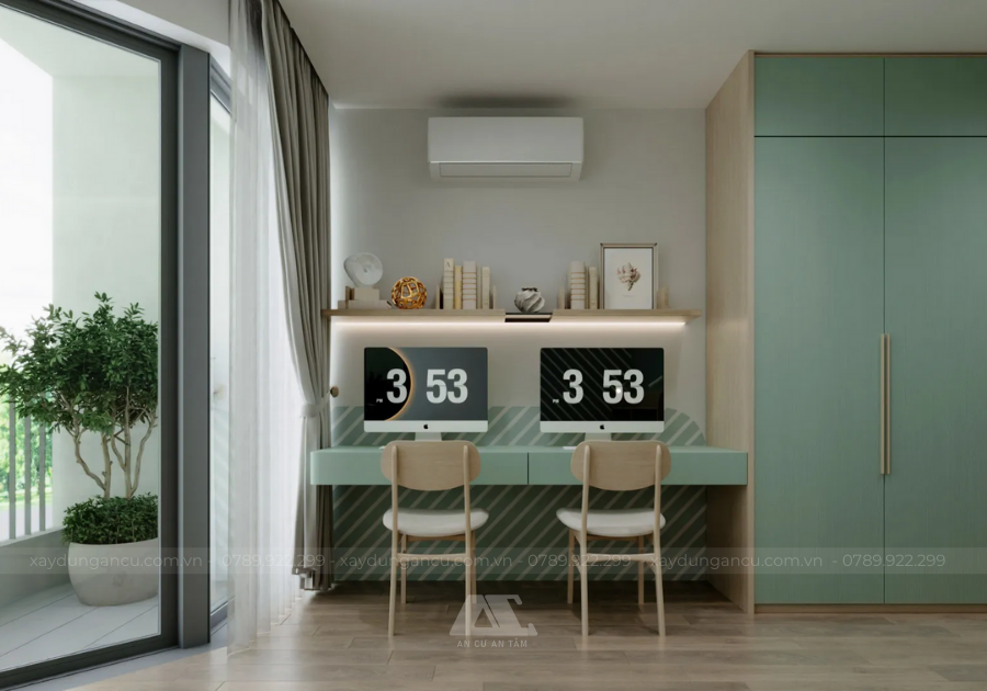 Khu vực làm việc đặt gần ban công, đón ánh sáng tốt, tạo cảm hứng sáng tạo