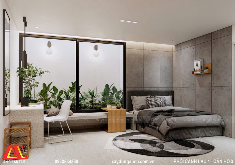 Phòng ngủ tại tầng hai được bố trí tạo điểm khác biệt so với tầng 1