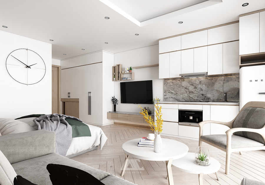 Thiết kế nội thất với gam màu trắng kết hợp gỗ vừa sang trọng và tinh tế