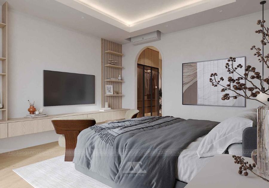 Tủ trang trí được bố trí đối diện giường ngủ, tạo điểm nhấn thẩm mỹ và cân đối không gian